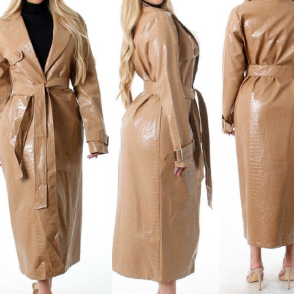 Jackets & Blazers - Croc Embossed Belted Trench coat man made leat Long sleeve Waist tie buc…
